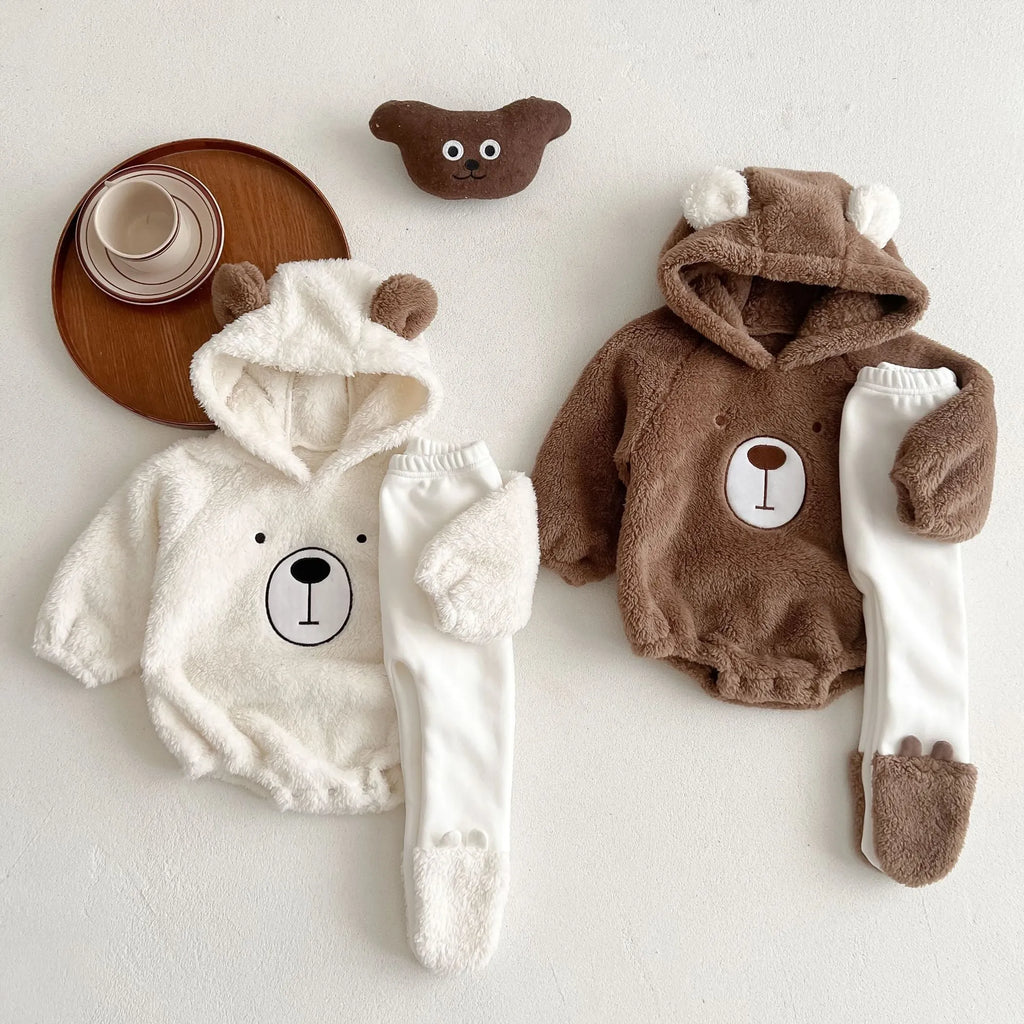 Baby Bear Embroide Pattern Soft Bodysuits In Autumn