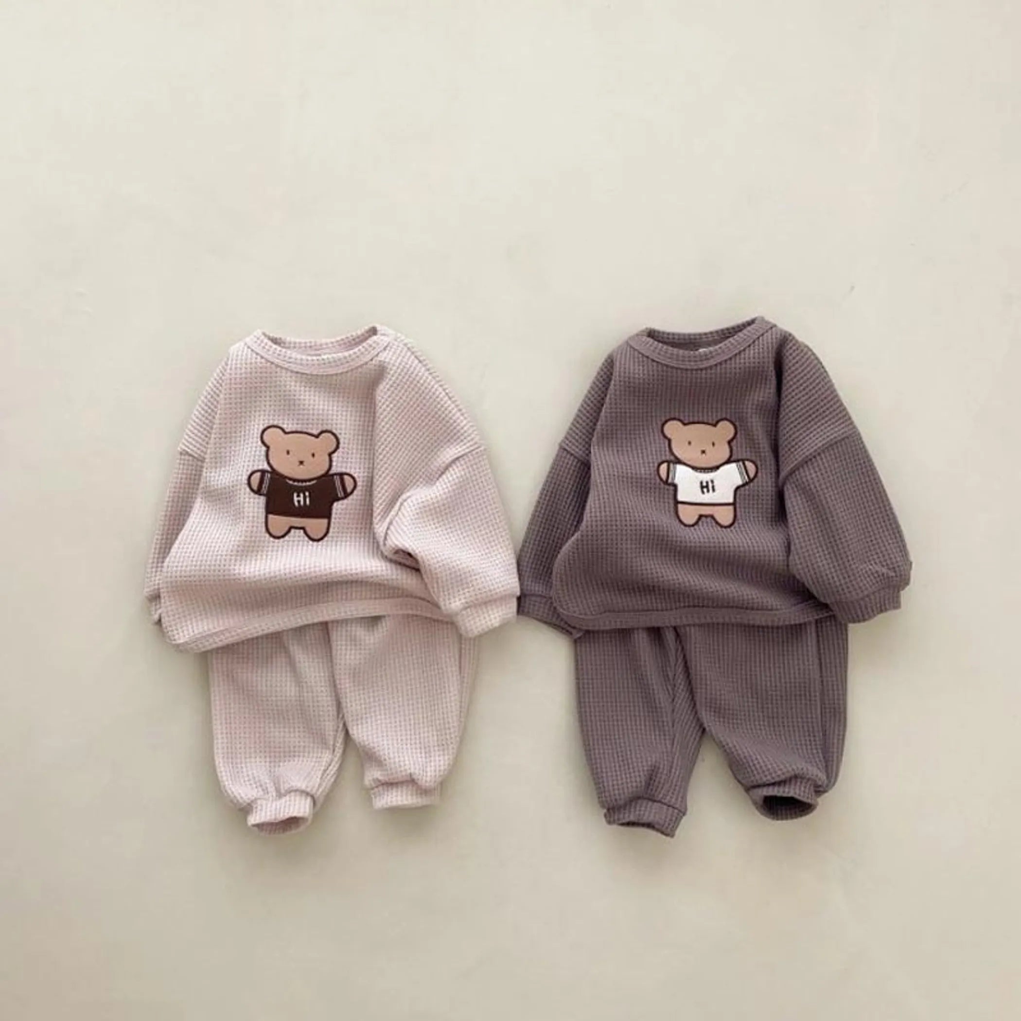 Baby Cartoon Bear Embroide Pattern Waffle Fabric Hoodies Sets